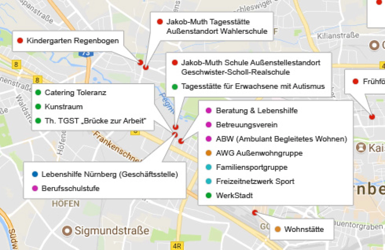 Übersichtliche Darstellung aller Standorte der Lebenshilfe Nürnberg dank individueller Marker und deren geschickter Positionierung