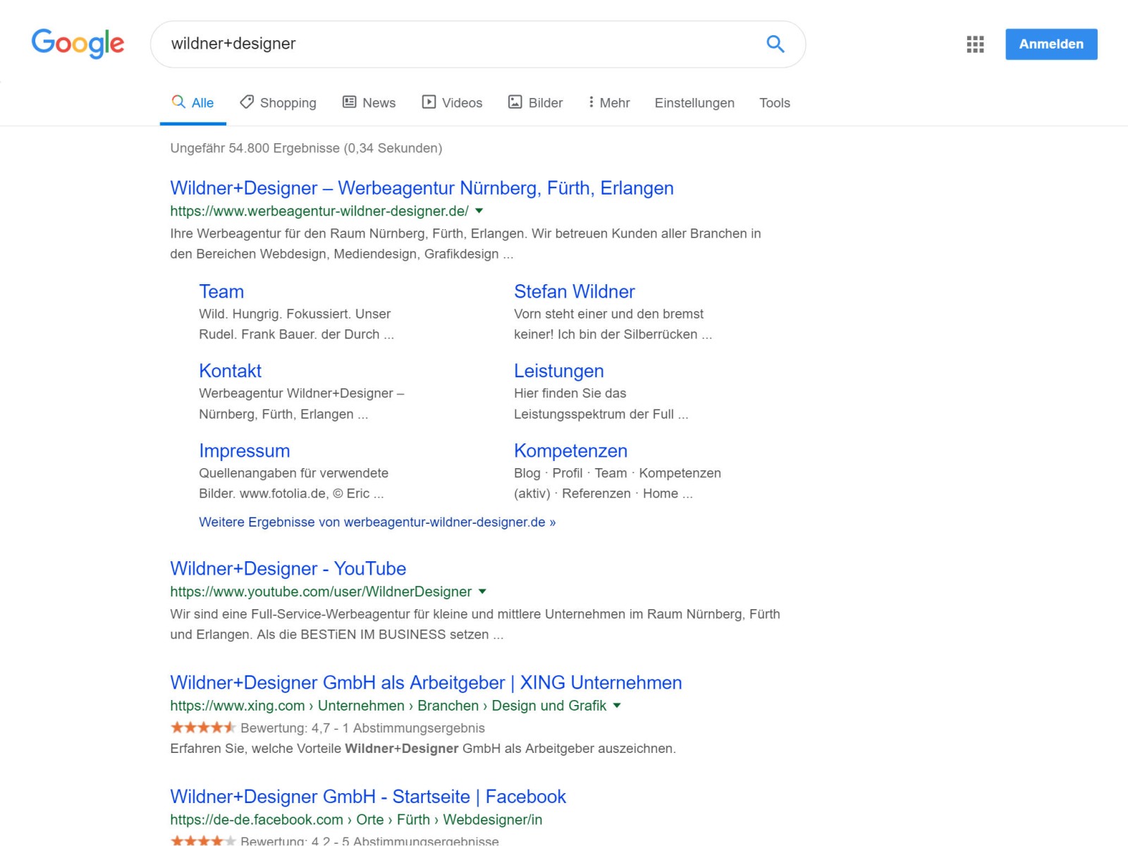 Google Suche mit dem Begriff „wildner+designer“ – Wir sind auf Platz 1!