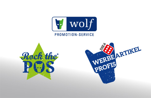 Wolf Firmenlogo und Signets der Leistungsbereiche POS sowie Werbeartikel