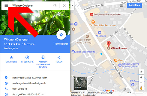 Schritt 1: Sobald der geeignete Karten-Ausschnitt auf Google Maps gefunden ist, klickt man links oben auf das Menü-Symbol.